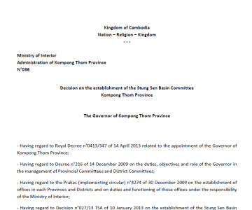 Decision on the establishment of the Stung Sen basin Kampong Thom Province – updated in January 2019